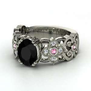   Ring, Oval Black Onyx Palladium Ring with Pink Tourmaline & Diamond