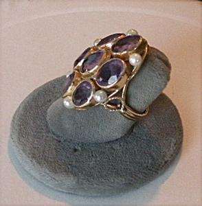 Huge 20 Carat Amethyst & Pearl Gothic Edwardian 14KG Ring  