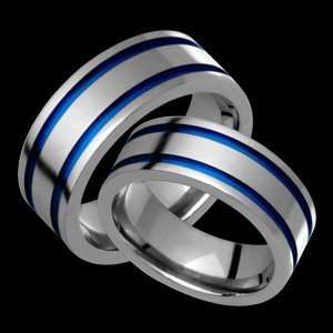   Wedding Band Set with Blue Grooves. Choose your Color for Free