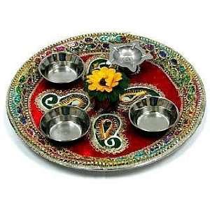   Decorated Stainless Steel Puja Thali with 3Small bowls and 5face lamp