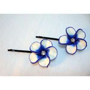  White and Blue Plumeria Bobby Pin   Pair 