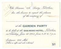 Judaica Old Invitation Card Party Hotel San Remo Palest  
