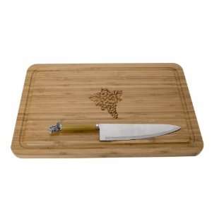 Soild Sustainable Bamboo Wood Cutting Board & Knife / Etched Grapes 