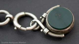   Antique Sterling Silver Watch FOB & Chain ~ Bloodstone & Agate?  
