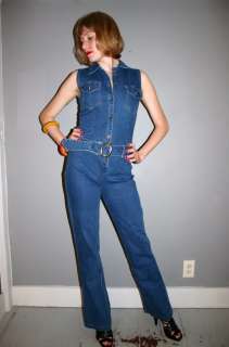 Vtg SEXY DENIM 90s Does 70s Belted BODY CON Disco Jumpsuit XS/S  