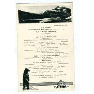  SS Alaska Menu Alaska Line 1932 Childs Glacier & Bear 