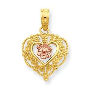  14K Two tone Lace Trim and Pink Rose Center Heart Pendant 