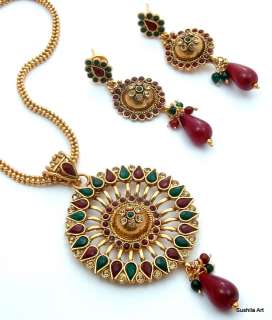 Beautiful 3 Pc Pendant Earring Jewelry Set, Golden Chain With Ruby 