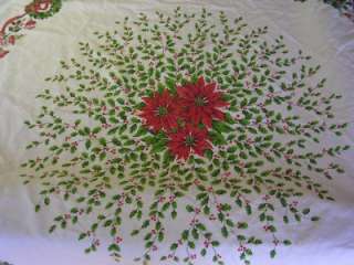 Vintage ROUND Christmas TABLECLOTH 52 Fringe Brites Holly Tree Bell 