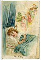 ANTIQUE POSTCARD SLEEPING CHILD DREAMING CHRISTMAS *  