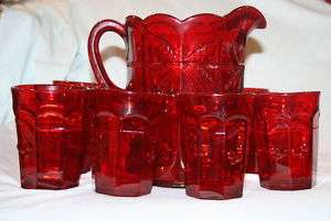 RUBY GLASS PITCHER CHERRIES EIGHT RED GLASSES SET  