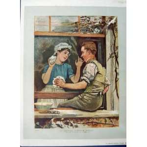   : 1886 Colour Print Man Lady Cleaning Windows Romance: Home & Kitchen