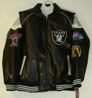 Oakland Raiders 3 Time Super Bowl Champions Mens Pleather Jacket with 