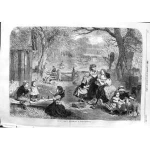    1863 SPRING SCENE CHILDREN LAMBS SHEEP FLOWERS