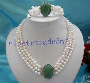 WoW7 8mm White Pearl&Jade Clasp Necklace+Bracelet 3Row  