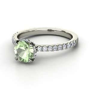  Carrie Ring, Round Green Amethyst 14K White Gold Ring with 