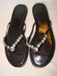 JEWELED Black Patent Rhinestone Thong Sandals Size 7  