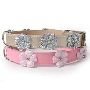  Glitter Flowers Leather Dog Collar 16 SILVER