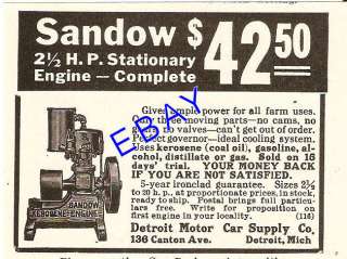 1913 SANDOW 2 1/2 HP GASOLINE ENGINE AD GAS DETROIT MI  