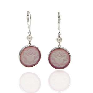 Sterling Silver Pink Agate & Rose Cameo Dangle Earrings  