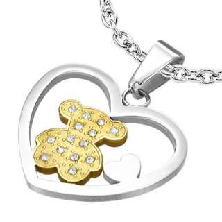 Stainles Steel Double Heart Tous Style Bear Pendant s14  