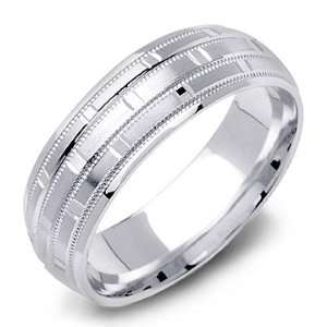   14K White Gold Fancy Block Pattern Milgrain Wedding Band Ring Jewelry