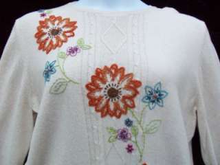 ALFRED DUNNER XL TAN SWEATER EMBROYERED ACCENT FLOWERS  