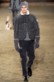 MONCLER GAMME BLEU by THOM BROWNE POLYESTER & TWEED SHEARLING COLLAR 