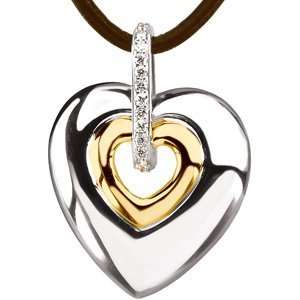   Ct Tw Diamond Heart Pendant On 18 Brown Leather Cord In Sterling