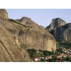  Rock Climbing Near Meteora with the Town of Kastraki Below 