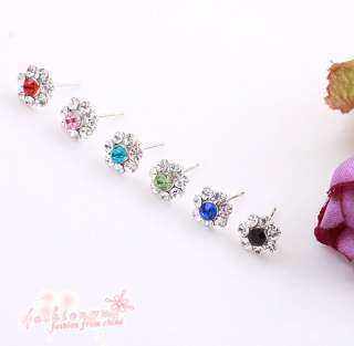 Pairs Silver Plated Stylish Mix Color Full Rhinestone Plum Flower 