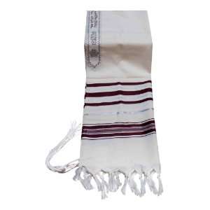  100% Wool Tallit Prayer Shawl in Maroon and Silver Stripes 