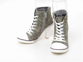 Women High Heels Canvas Sneakers Boots Khaki US 5.5 8  