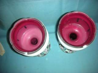 Pair Moser Bohemian 11 Tall Lustres, Hand Painted Roses Cranberry 