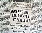 SEABISCUIT vs. War Admiral Horse Racing 1938 Old Newspaper Match of 