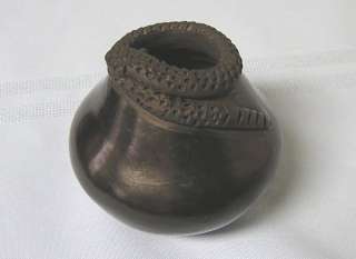   Ortiz Black Pottery vessel w/ rattlesnake snake coil rim signed Lidia
