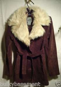 BB Dakota Dark Brown Belted Leather Suede Jacket with Faux Fur Collar 