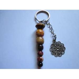  Handcrafted Bead Key Fob   Brown/Silver*/ Flower 