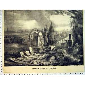    1832 Antique Drawing French Graveyard Stones Skulls