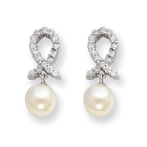   Silver Ribbon CZ and Freshwater Cultured Pearl Earrings: Jewelry