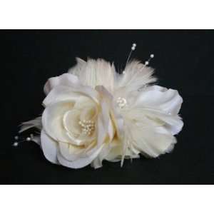   Flower, Feather and Pearl Bridal Fascinator Clip 