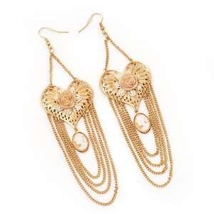   Cameo Heart Drop Earrings (Gold Plated Metal)   13cm Length Jewelry