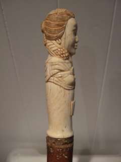 EARLY Antique FIGURAL CARVED OX BONE Handled WALKING STICK Cane  