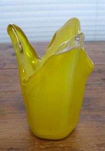 Vintage Murano Art Glass Handkerchief Vase Yellow White Cased Glass 