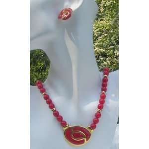  Vintage Necklace and Earrings Set Red and Gold Knot 
