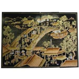  Asian Oriental Set of 4 Wooden Wall Art Hanging Screens 