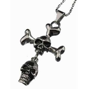  Dangle Skull Cross Mens Pendant Necklace, Stainless Steel 
