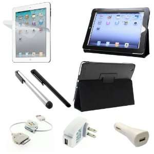 Apple iPad 2 Leather Case Black + Clear Screen Protector + Retractable 