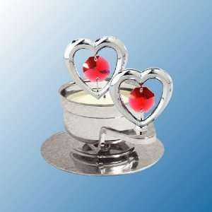  Chrome Plated Twin Hearts Tea Light Candle Holder   Red 
