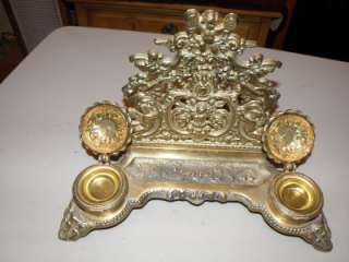   Victorian style brass letter stand with double ink well and pen rest